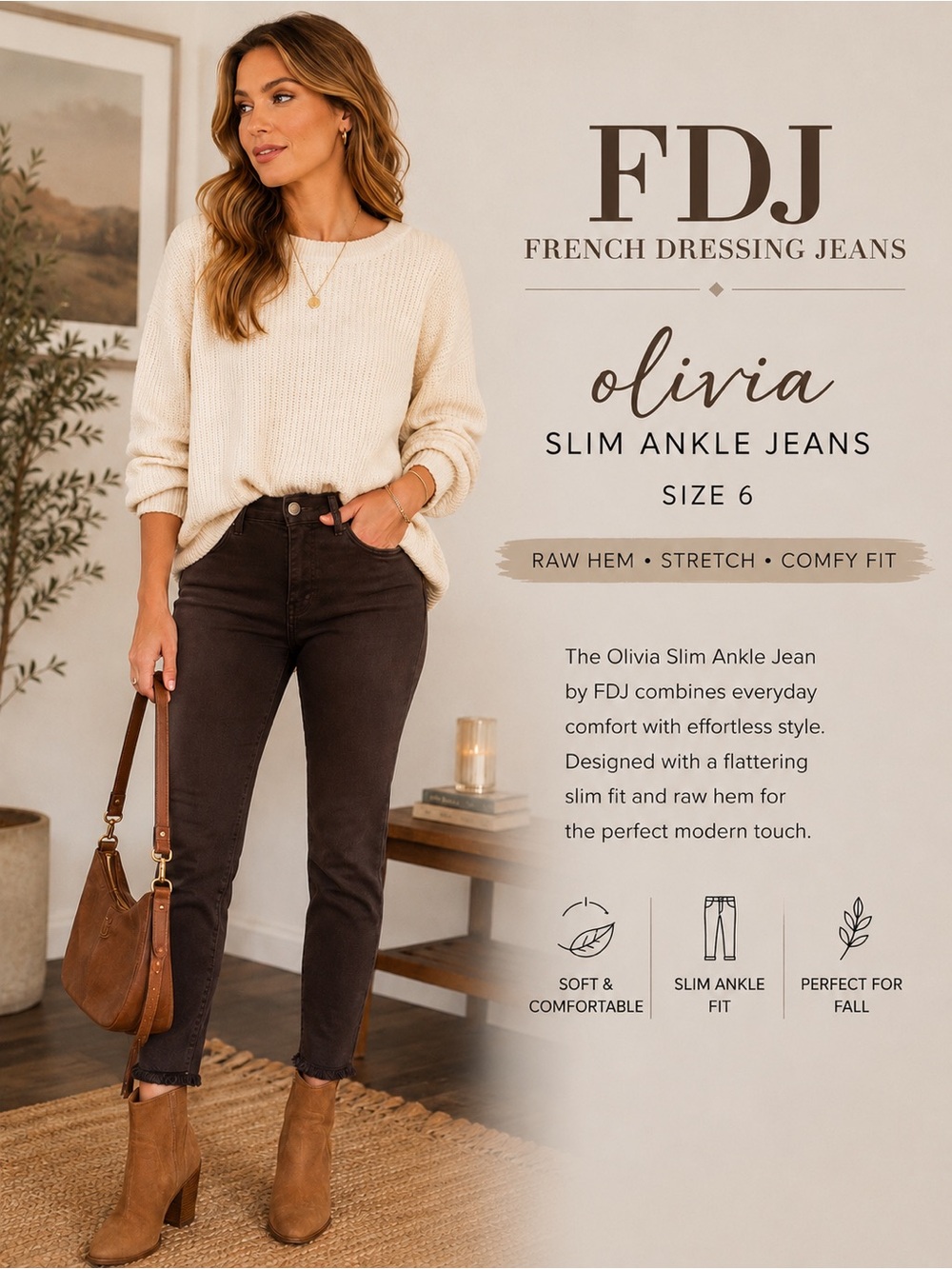 Olivia French Dressing Jeans Slim Frayed Ankle Jeans Brown size 6 Capsule Staple